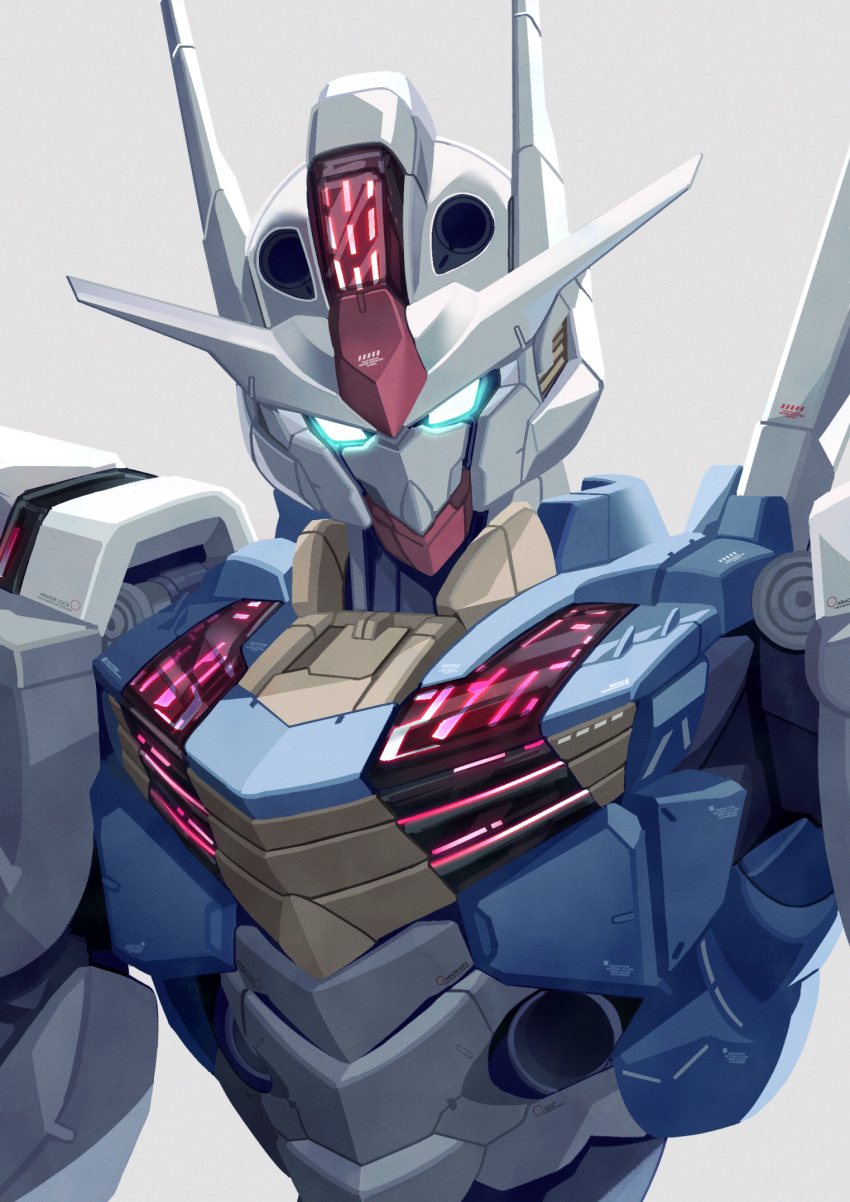 aqua_eyes backlighting commentary_request glowing glowing_eyes grey_background gundam gundam_aerial gundam_suisei_no_majo highres looking_at_viewer mecha mobile_suit no_humans revision robot science_fiction shiromoca simple_background solo upper_body v-fin white_background