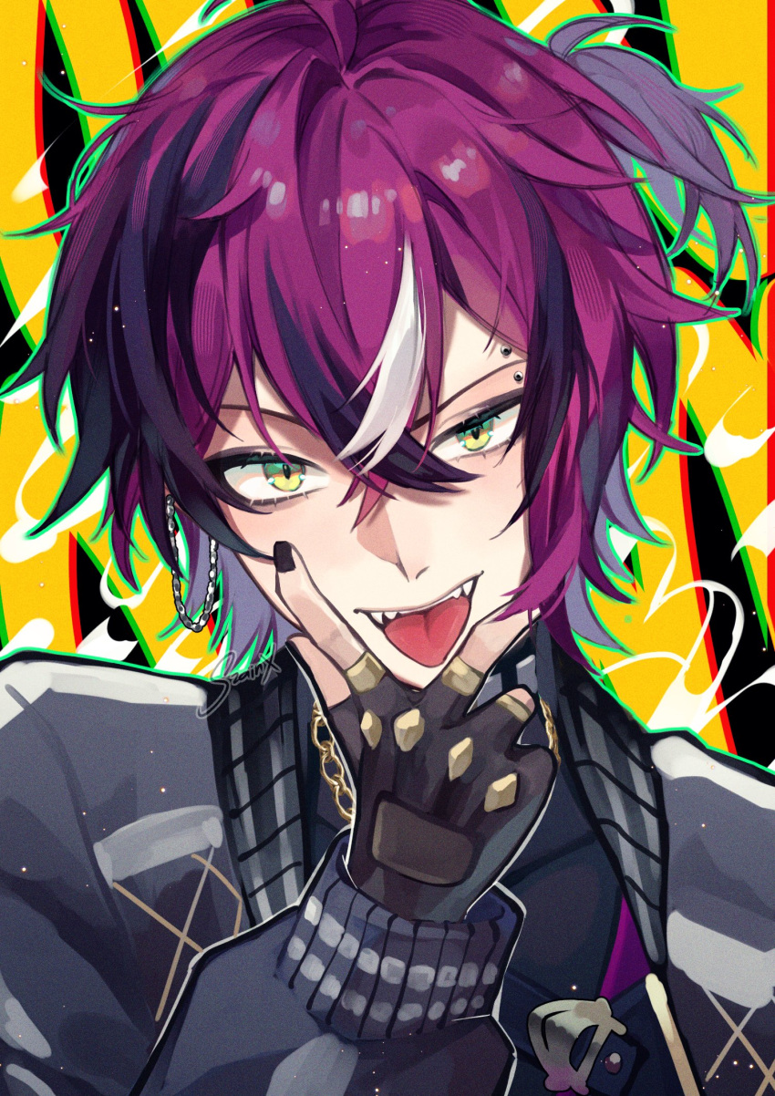 1boy ahoge bangs black_gloves black_hair black_nails black_shirt blush commentary crossed_bangs doppio_dropscythe earrings eyebrow_piercing eyeshadow fangs fingerless_gloves fingernails gloves green_outline hair_between_eyes hand_up highres jacket jewelry long_sleeves looking_at_viewer makeup male_focus multicolored_hair nail_polish necklace nijisanji nijisanji_en open_clothes open_jacket open_mouth outline piercing purple_hair shirt short_hair short_sidetail sidelocks solo streaked_hair szainx teeth tongue tongue_out upper_body v-shaped_eyebrows virtual_youtuber white_hair yellow_background yellow_eyes