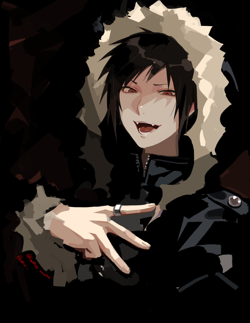 &gt;:) 1boy absurdres black_background black_hair black_jacket collared_jacket dated durarara!! eromkk fangs fur-trimmed_hood fur-trimmed_jacket fur-trimmed_sleeves fur_trim high_collar highres hood hood_up hooded_jacket jacket jewelry long_sleeves looking_at_viewer male_focus open_mouth orihara_izaya portrait red_eyes ring short_hair signature smile solo v-shaped_eyebrows