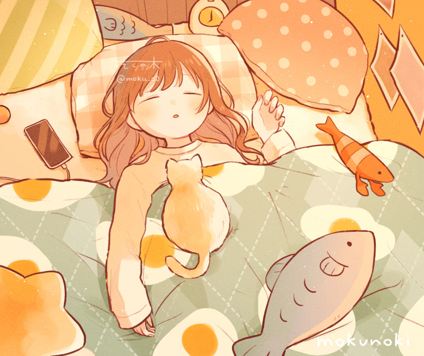 1girl absurdres animal_ears arm_rest artist_name bangs bedroom blanket brown_hair cable cat cat_ears cellphone charging_device clock closed_eyes dotted_line egg_print hair_flowing_over hand_rest head_on_pillow highres indoors long_hair lupinus4869 lying on_back on_bed original parted_lips pastel_colors phone pillow polka_dot_pillow romaji_text scenery smartphone star_pillow striped_pillow stuffed_animal stuffed_fish stuffed_shrimp stuffed_toy twitter_username watermark