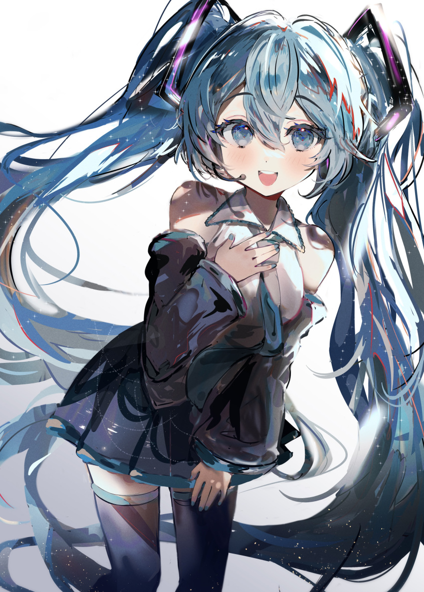 1girl 39 absurdres bangs bare_shoulders black_skirt black_thighhighs blue_eyes blue_hair collared_shirt detached_sleeves hair_between_eyes hair_ornament hatsune_miku highres imamiya_pinoko long_hair long_sleeves looking_at_viewer microphone open_mouth pleated_skirt shirt simple_background skirt smile solo thigh-highs twintails very_long_hair vocaloid white_background
