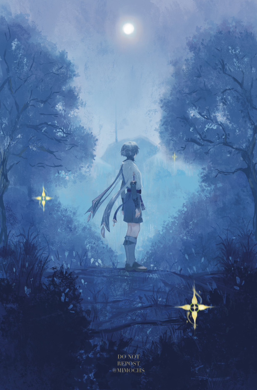 1boy forest from_behind full_body genshin_impact highres japanese_clothes male_focus mimochs moon nature outdoors scaramouche_(genshin_impact) short_hair shorts solo star_(sky) stargazing tagme tree wanderer_(genshin_impact)