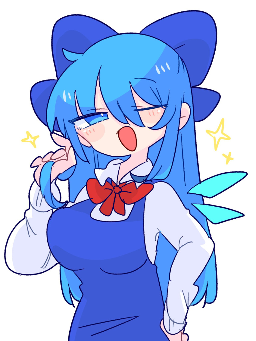 1girl aged_up alternate_breast_size alternate_hair_length alternate_hairstyle bangs blue_dress blue_eyes blue_hair breasts cirno collared_shirt dress highres ice ice_wings large_breasts long_dress long_hair long_sleeves neck_ribbon one_eye_closed op_na_yarou pinafore_dress puffy_short_sleeves puffy_sleeves red_ribbon ribbon shirt short_sleeves simple_background solo touhou white_background white_shirt wings