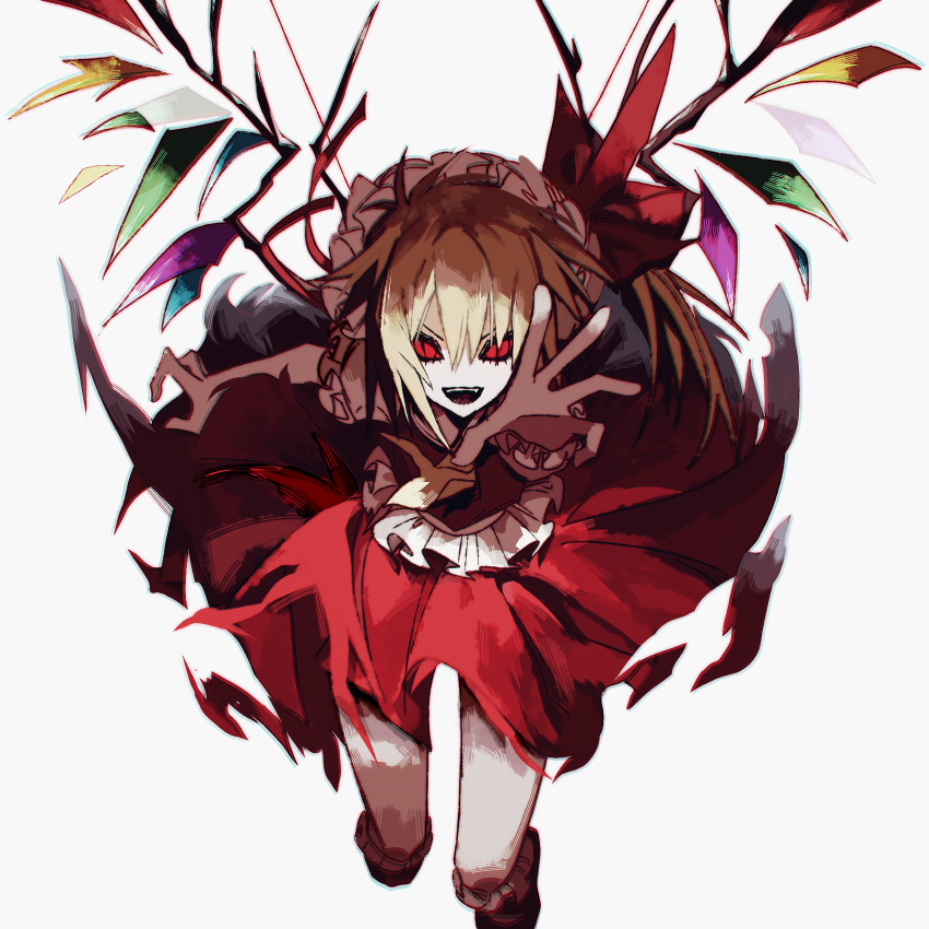 1girl ascot blonde_hair chromatic_aberration fang flandre_scarlet frilled_shirt frilled_sleeves frills haplos highres open_mouth pleated_skirt puffy_short_sleeves puffy_sleeves reaching_towards_viewer red_eyes red_skirt red_vest running shirt short_sleeves simple_background skirt smile solo touhou vest white_background white_shirt wings yellow_ascot