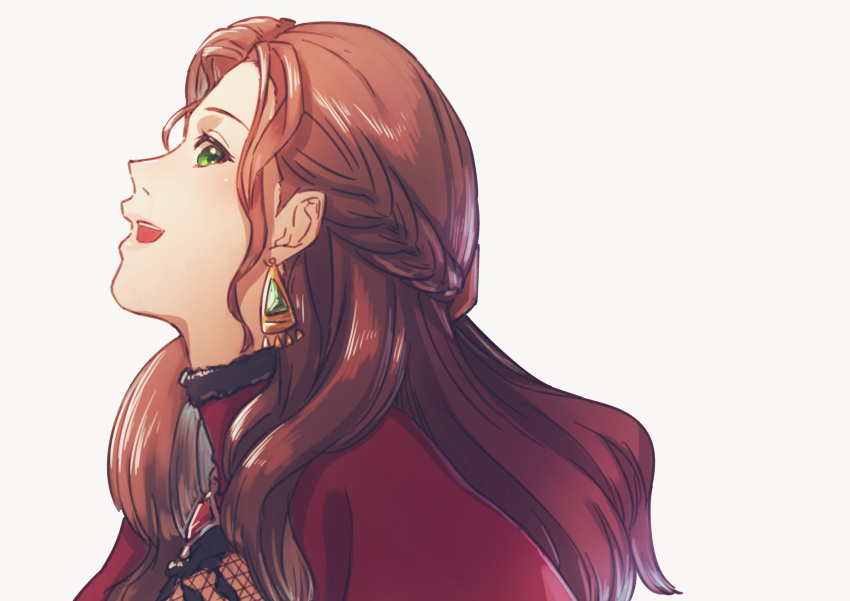 1girl :d aduti_momoyama braid brown_hair dorothea_arnault earrings fire_emblem fire_emblem:_three_houses fire_emblem_warriors:_three_hopes french_braid green_eyes highres jewelry long_hair open_mouth sideways_mouth simple_background smile solo teeth turtleneck upper_body upper_teeth white_background