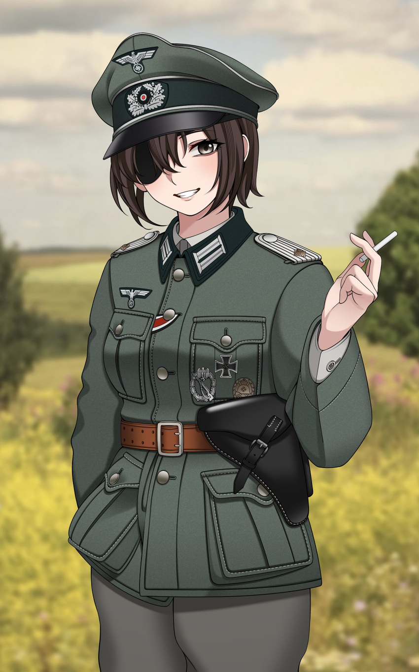 1girl absurdres brown_hair cigarette cross eyepatch green_jacket grey_pants hat highres holding holding_cigarette holster iron_cross jacket keiita long_sleeves military military_hat military_uniform original pants shirt smile solo swastika uniform wehrmacht white_shirt world_war_ii