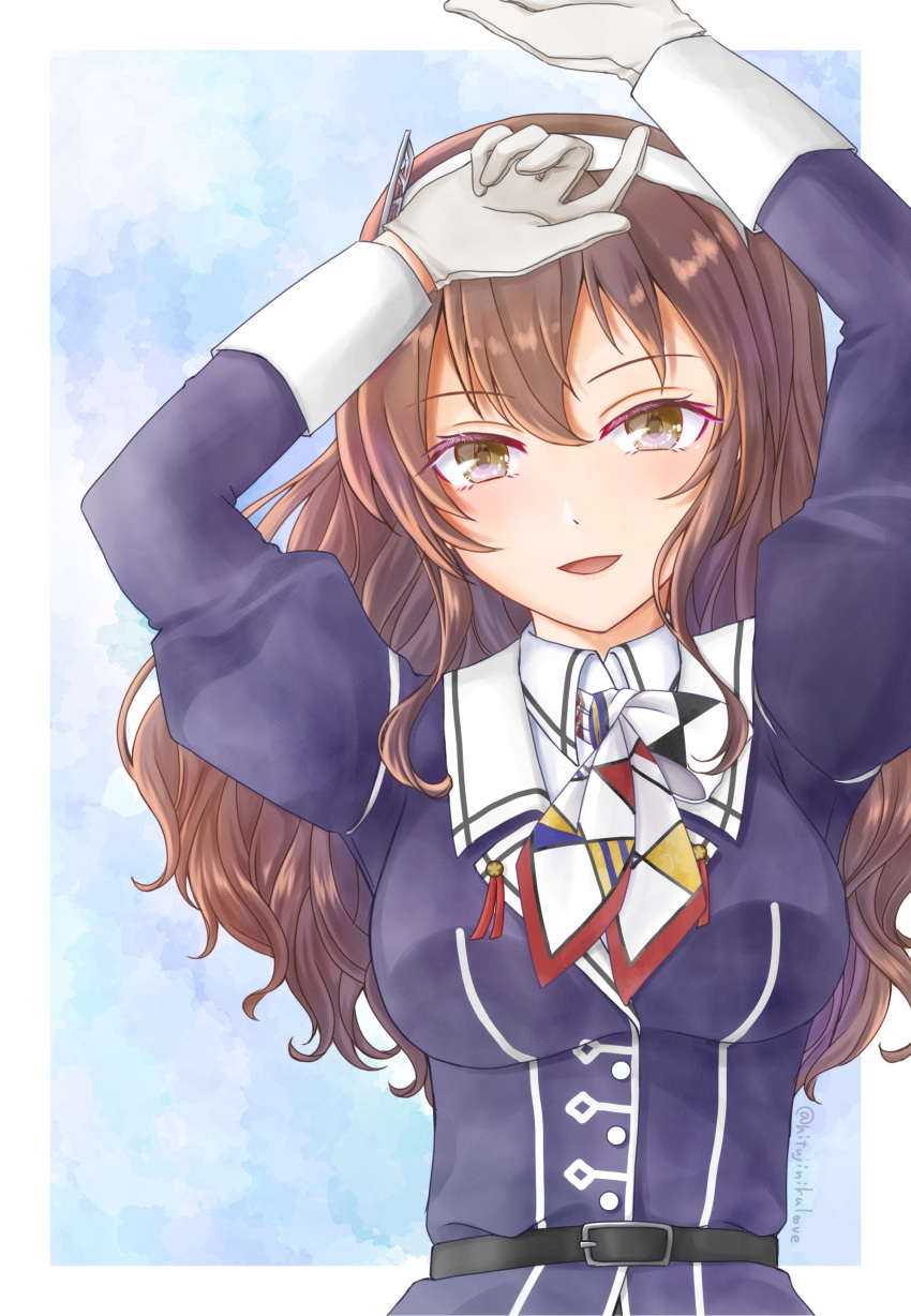 1girl absurdres arms_up ashigara_(kancolle) ashigara_kai_ni_(kancolle) belt black_belt breasts brown_eyes brown_hair gloves hairband highres jacket juliet_sleeves kantai_collection large_breasts long_hair long_sleeves military military_uniform puffy_sleeves purple_jacket rirurun. solo uniform upper_body wavy_hair white_gloves white_hairband