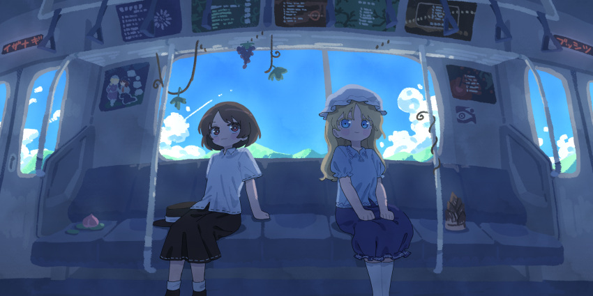 2girls ad arm_support bamboo_shoot black_footwear black_headwear black_skirt blonde_hair blue_eyes blue_skirt blush_stickers bright_pupils brown_hair closed_mouth clouds collared_shirt commentary day feet_out_of_frame food fruit hat hat_removed headwear_removed highres kneehighs long_hair maribel_hearn mob_cap mountainous_horizon multiple_girls nama_udon peach red_eyes ribbon-trimmed_skirt ribbon-trimmed_sleeves ribbon_trim shirt short_hair short_sleeves sitting skirt sky smile socks touhou train_interior usami_renko white_headwear white_pupils white_socks wide_shot window