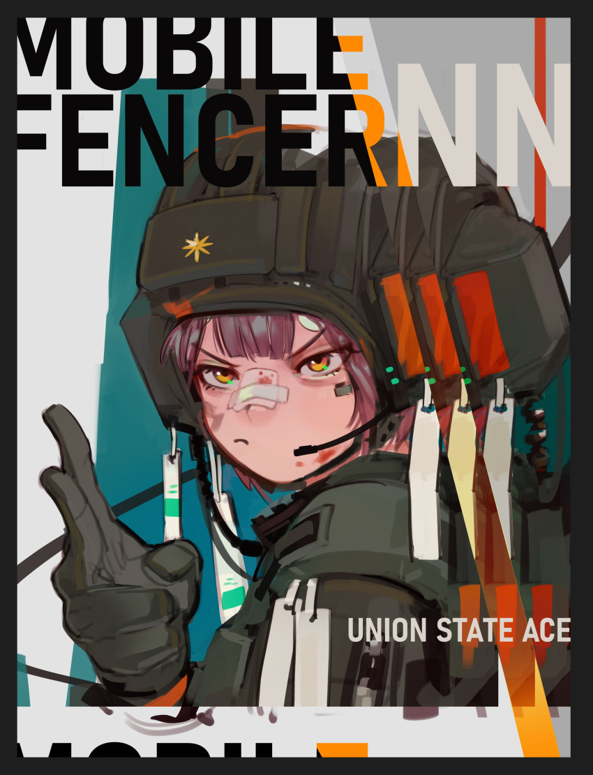1girl absurdres bandaid bandaid_on_face bandaid_on_nose closed_mouth gloves grey_gloves grey_headwear hand_up hat headset highres looking_at_viewer microphone military_hat orange_eyes original polilla redhead solo v