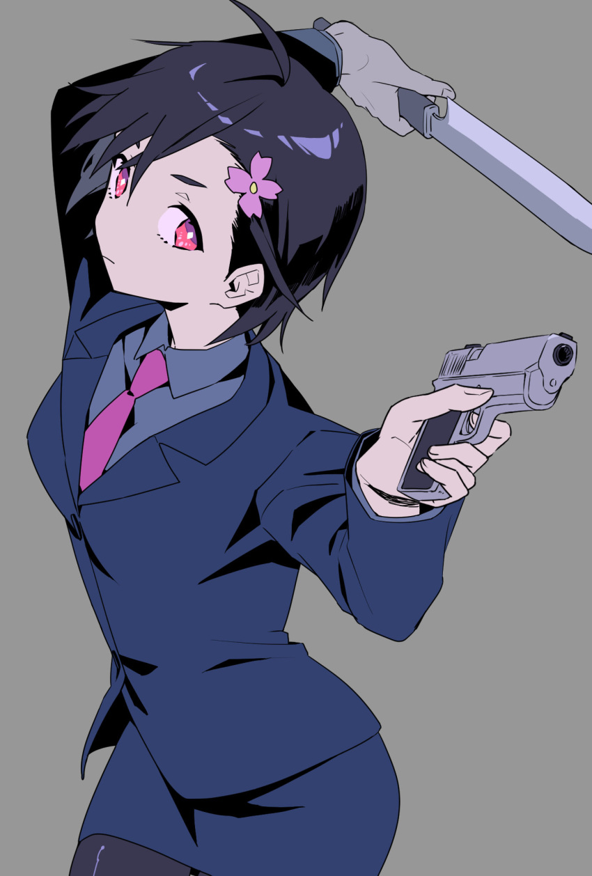 1girl ahoge black_hair dual_wielding flower formal grey_background grey_shirt gun hair_flower hair_ornament highres hiwomushi holding holding_gun holding_knife holding_weapon hondoumachi_koharu id_:invaded knife long_sleeves looking_at_viewer necktie pantyhose pencil_skirt pink_necktie red_eyes shirt short_hair simple_background skirt solo standing suit weapon