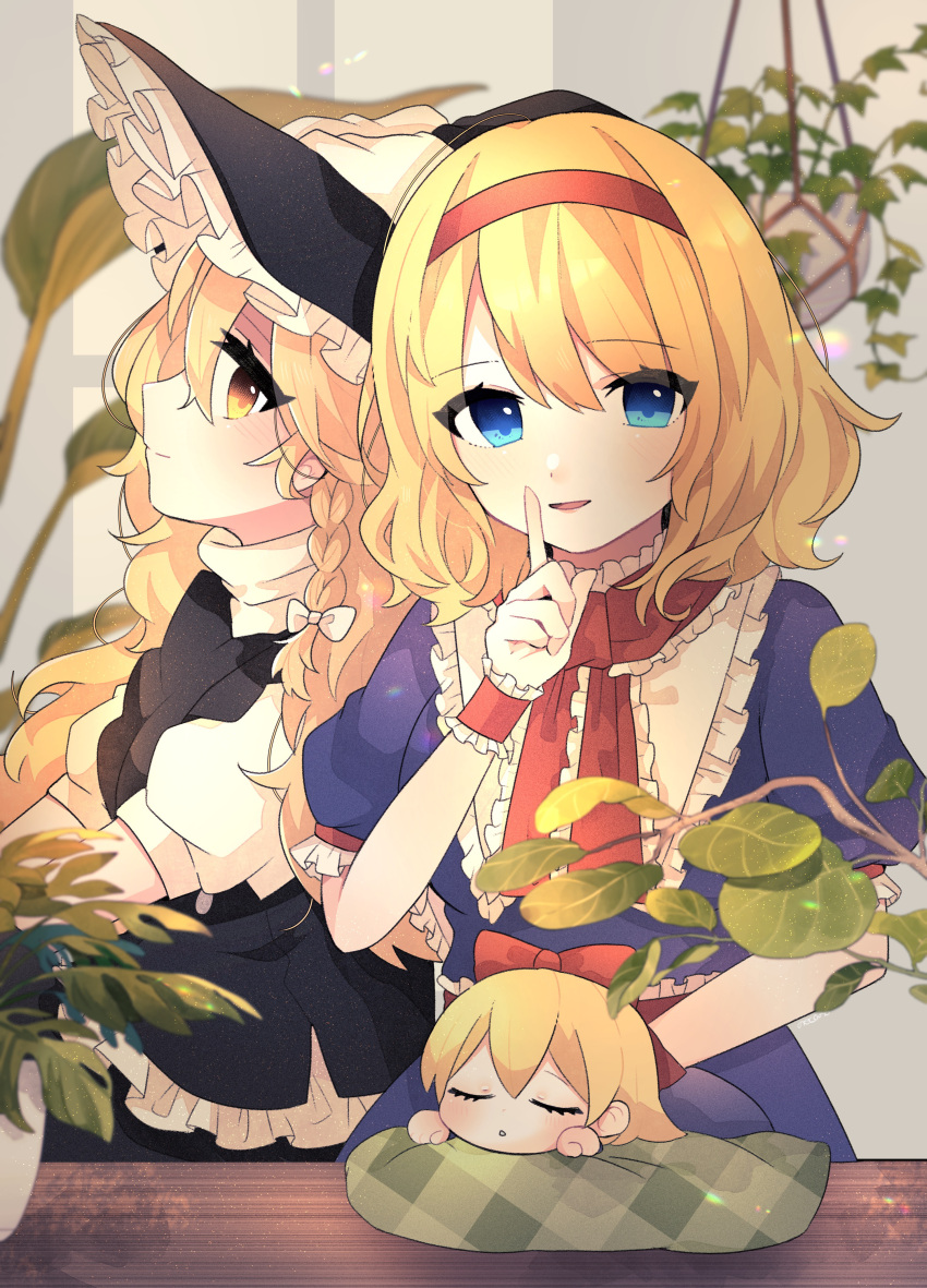 2girls absurdres alice_margatroid bangs black_vest blonde_hair blue_dress blue_eyes blush bow braid closed_eyes closed_mouth commentary_request dress frilled_shirt_collar frills hair_bow hairband hanging_plant hat highres index_finger_raised indoors kirisame_marisa long_hair looking_at_viewer medium_hair multiple_girls necono_(nyu6poko) open_mouth plant potted_plant puffy_short_sleeves puffy_sleeves red_bow red_hairband shanghai_doll short_sleeves sleeping smile touhou turtleneck vest witch_hat wrist_cuffs yellow_eyes