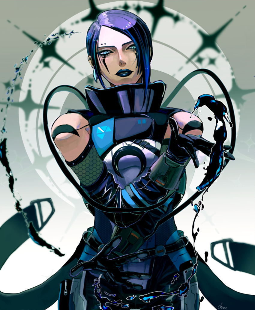 1girl apex_legends black_bodysuit black_gloves black_hair black_lips blue_eyes blue_hair bodysuit breasts cable catalyst_(apex_legends) chizu_(kurukuro) clothing_cutout gloves hair_behind_ear head_tilt highres liquid looking_at_viewer multicolored_hair open_hand parted_lips piercing shoulder_cutout small_breasts solo straight-on streaked_hair