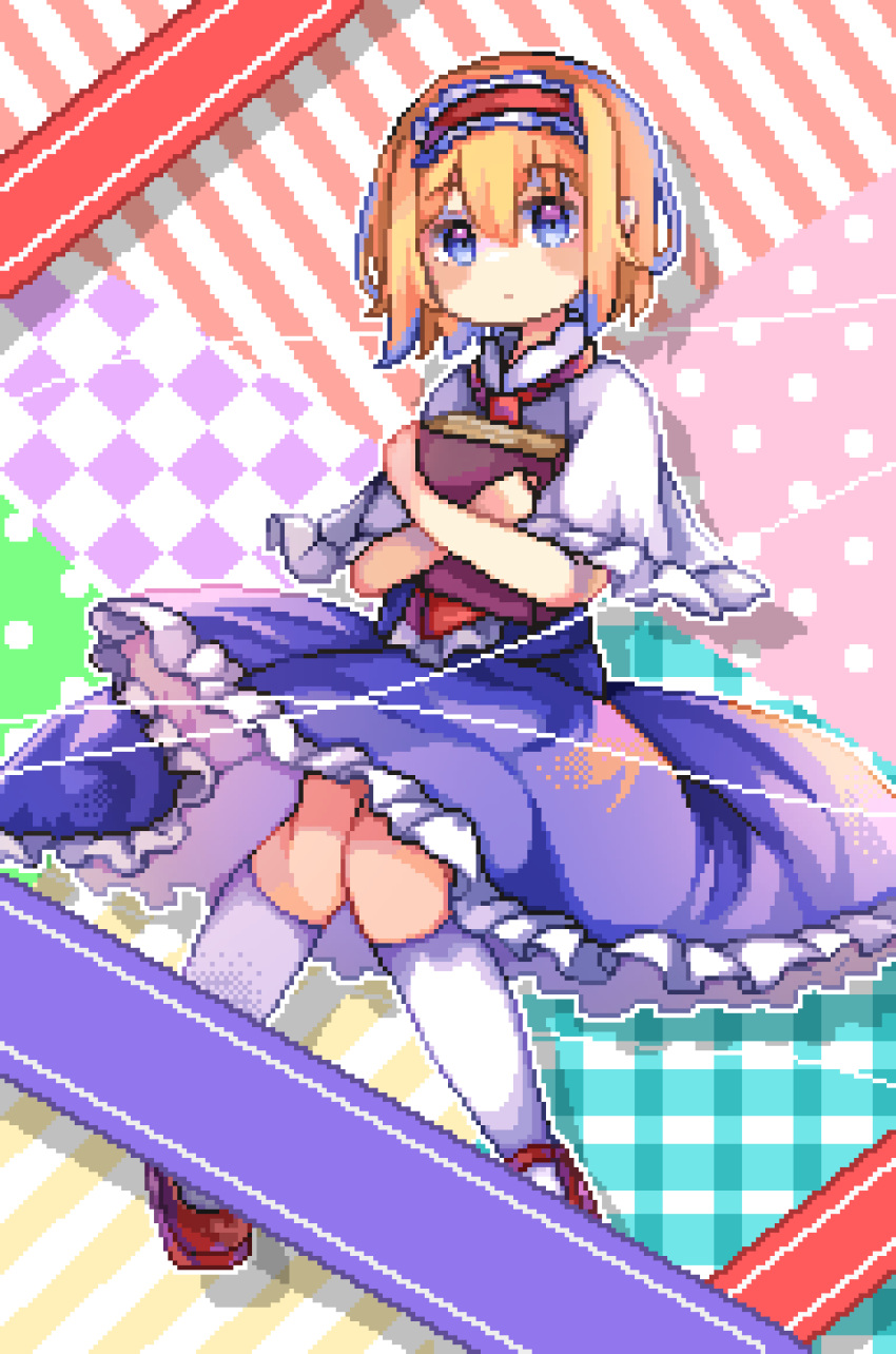 1girl absurdres alice_margatroid blonde_hair blue_dress blue_eyes book capelet closed_mouth dress frilled_dress frills full_body hairband highres lolita_hairband multicolored_background omochinegi pixel_art red_footwear red_hairband short_hair socks solo touhou white_capelet white_socks
