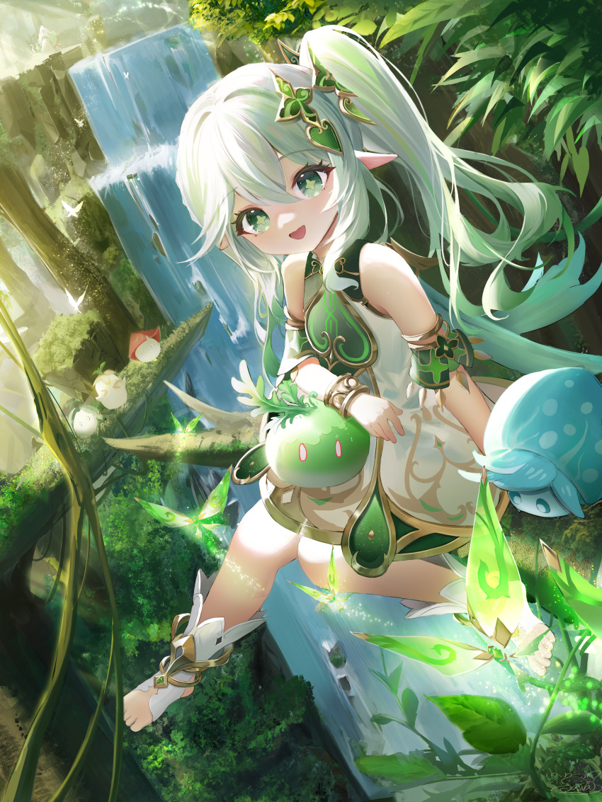 1girl :d absurdres aranara_(genshin_impact) arm_rest bangs bracelet commentary cross-shaped_pupils crystalfly_(genshin_impact) day detached_sleeves dress dutch_angle feet full_body fungi_(genshin_impact) genshin_impact gold_trim green_eyes green_hair hair_between_eyes hair_ornament highres hwa_sawa in_tree jewelry knees_together_feet_apart leaf long_hair looking_at_viewer multicolored_hair nahida_(genshin_impact) nature no_shoes open_mouth outdoors plant pointy_ears ponytail short_dress short_sleeves side_ponytail sidelocks sitting sitting_in_tree sleeveless sleeveless_dress smile socks stirrup_legwear streaked_hair symbol-shaped_pupils toeless_legwear toes tree two-tone_hair vines water waterfall white_dress white_hair white_socks