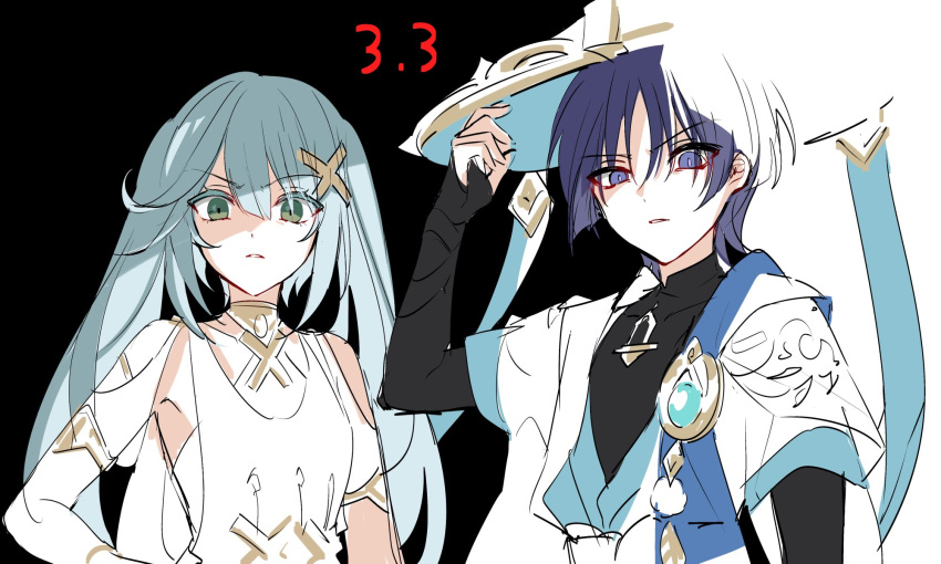 1boy 1girl aqua_hair armor bangs boo_1 commentary dress faruzan_(genshin_impact) genshin_impact green_eyes hair_between_eyes hair_ornament hat highres japanese_armor japanese_clothes jingasa kote kurokote long_hair looking_at_viewer parted_lips purple_hair scaramouche_(genshin_impact) scowl simple_background symbol-only_commentary twintails upper_body violet_eyes vision_(genshin_impact) wanderer_(genshin_impact) x_hair_ornament