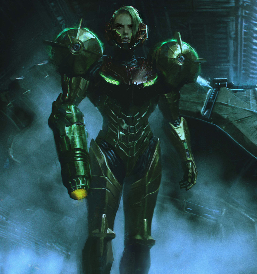 1girl alien andrew_domachowski arm_cannon blonde_hair damaged energy fog gloves glowing helmet highres lights lips looking_at_viewer machinery mecha metroid power_armor realistic robot samus_aran serious spacecraft_interior weapon