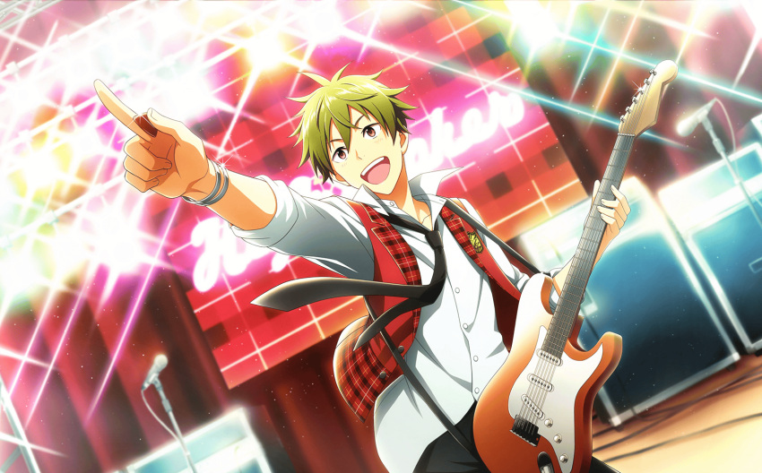 1boy akiyama_hayato black_necktie bracelet buttons electric_guitar fingernails glint green_hair guitar hair_between_eyes highres holding holding_plectrum idolmaster idolmaster_side-m idolmaster_side-m_live_on_stage! instrument jewelry microphone microphone_stand necktie official_art plaid plaid_vest plectrum pointing red_vest smile stage stage_lights teeth third-party_source upper_teeth vest