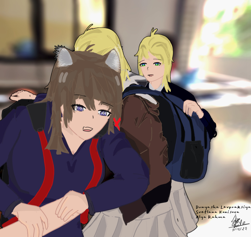 3girls blonde brown_hair cat_girl hoodie jacket school_bag school_uniform