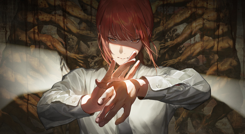 1girl absurdres bangs black_necktie chainsaw_man closed_mouth collared_shirt commentary extra_hands highres long_hair long_sleeves looking_at_viewer makima_(chainsaw_man) matsuo_shogo medium_hair necktie own_hands_together punishment_devil_(chainsaw_man) redhead ringed_eyes shaded_face shirt sidelocks skull snake_devil_(chainsaw_man) solo solo_focus upper_body white_hair white_shirt yellow_eyes