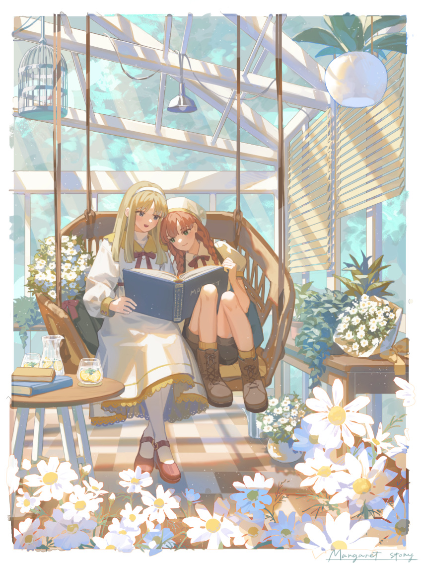 2girls bangs birdcage blinds blonde_hair book book_stack boots border bouquet braid brown_footwear brown_hair cage checkered_floor collared_shirt cup day dress drinking_glass english_commentary english_text flower glass gold_trim green_eyes hairband hanging_chair highres holding holding_book indoors jug juice lamp lampshade leaf leg_up long_hair long_sleeves looking_at_object multiple_girls on_chair open_book original plant puffy_short_sleeves puffy_sleeves reading red_ribbon ribbon scenery shadow shirt short_sleeves sitting skylight sleeve_cuffs socks sora_(akaisw) sunlight table twin_braids violet_eyes white_border white_dress white_flower white_hairband white_socks window yellow_shirt yellow_socks