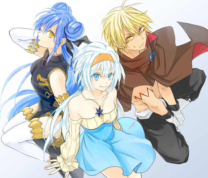 1boy 2girls artist_name bare_shoulders black_dress blonde_hair blue_dress blue_eyes blue_hair brown_cape cape china_dress chinese_clothes closed_mouth collarbone double_bun dragon dragon_print dress elbow_gloves frown gloves hair_bun hairband highres jewelry long_hair long_sleeves multiple_girls necklace pants side_slit sitting sleeveless sleeveless_dress slime_(substance) smile sweat tensei_shitara_slime_datta_ken thigh-highs veldora_(tensei_shitara_slime_datta_ken) velgrynd_(tensei_shitara_slime_datta_ken) velzard_(tensei_shitara_slime_datta_ken) wata_miya_(shiro_momen) white_background white_gloves white_hair white_thighhighs yellow_eyes