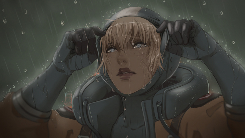 1girl apex_legends bangs blonde_hair blue_bodysuit blue_eyes blue_gloves blue_headwear bodysuit commentary crying crying_with_eyes_open english_commentary freckles gloves highres hood hood_down hooded_jacket ifragmentix jacket looking_up making-of_available orange_jacket parted_lips portrait rain ribbed_bodysuit scar scar_on_cheek scar_on_face solo streaming_tears tears wattson_(apex_legends) western_comics_(style) wet