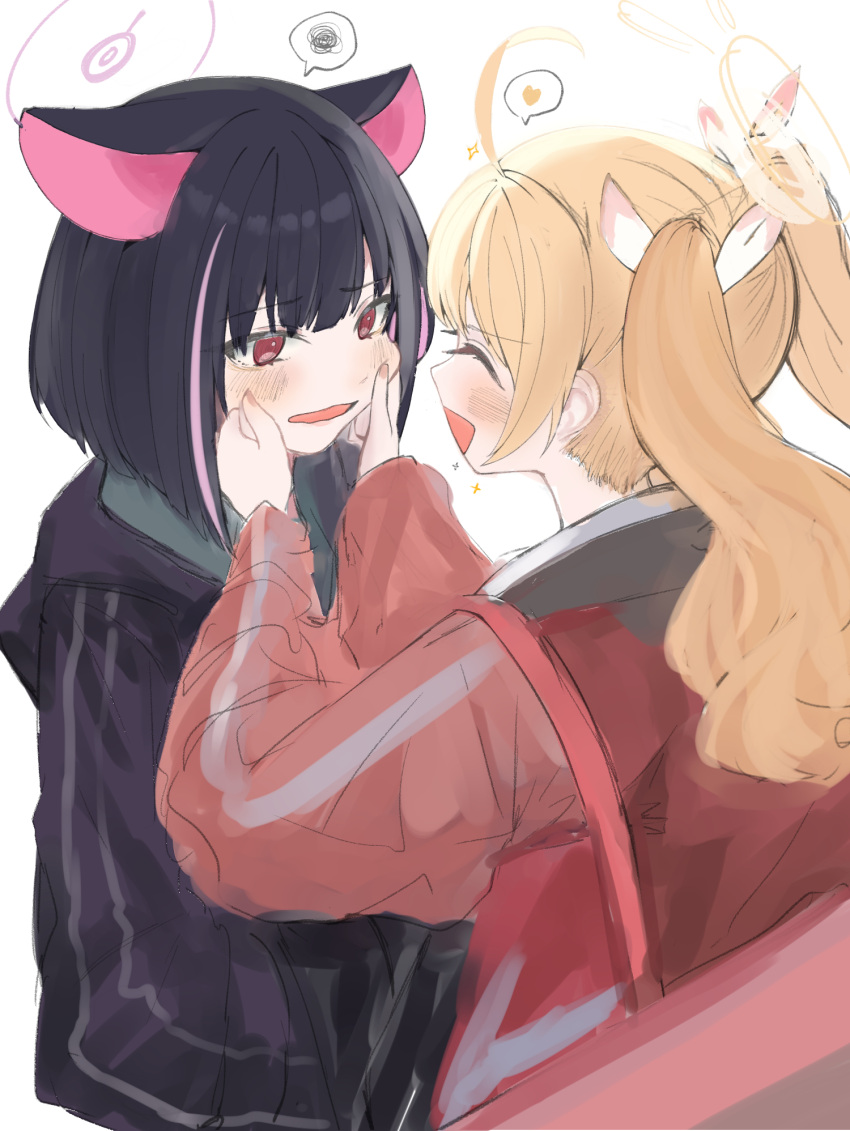 2girls animal_ears bag bangs black_hair blonde_hair blue_archive blush cheek_pull closed_eyes hair_ribbon heart highres hood hood_down hooded_jacket jacket kazusa_(blue_archive) long_hair long_sleeves multiple_girls open_mouth pink_hair ran_(bearsoymilk) red_eyes red_jacket ribbon short_hair simple_background sparkle spoken_heart spoken_squiggle squiggle track_jacket twintails upper_body white_background yoshimi_(blue_archive)
