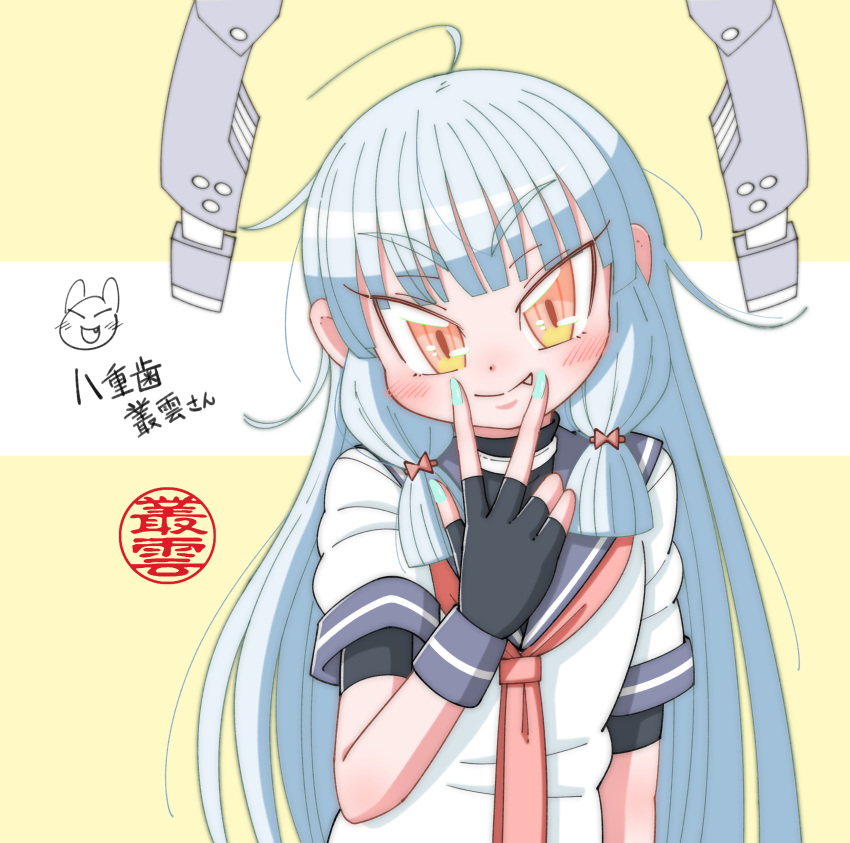 1girl absurdres ahoge black_gloves black_shirt blue_sailor_collar closed_mouth commentary_request dress fang fingerless_gloves floating_headgear gloves grey_hair hair_ribbon headgear highres kantai_collection long_hair murakumo_(kancolle) necktie orange_eyes red_necktie red_ribbon ribbon sailor_collar sailor_dress shin_(shin_k009) shirt short_sleeves sidelocks thick_eyebrows translation_request tress_ribbon victory_pose white_dress
