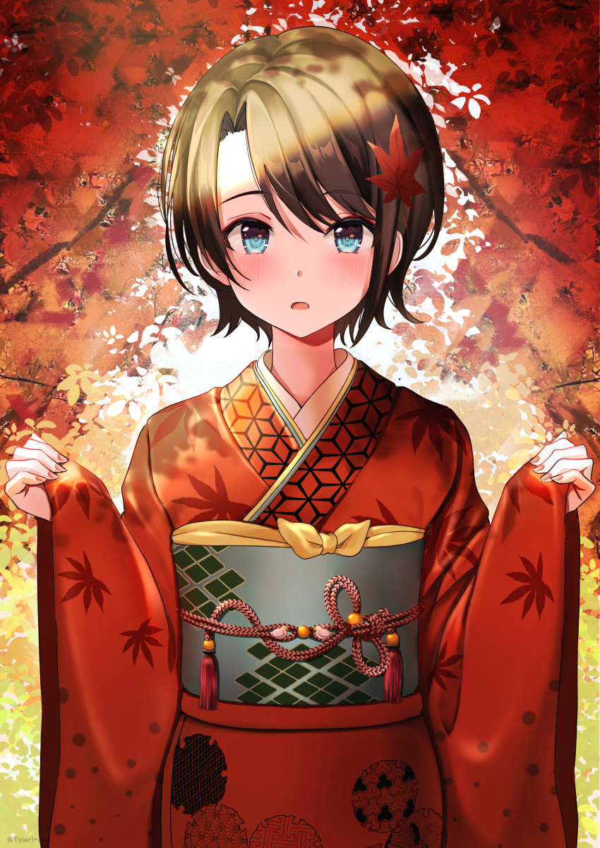 1girl absurdres bangs blue_eyes brown_hair highres hololive japanese_clothes kimono leaf leaf_print light_blush long_sleeves looking_at_viewer maple_leaf maple_leaf_print oozora_subaru open_mouth outdoors red_kimono sleeves_past_wrists solo standing towrituka virtual_youtuber wide_sleeves