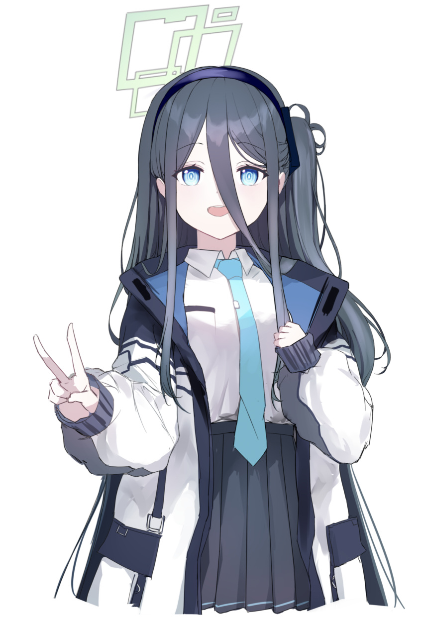 1girl absurdres aris_(blue_archive) bangs black_hair black_hairband black_skirt blue_archive blue_eyes blue_necktie blush breast_pocket coat collared_shirt commentary cropped_legs eyelashes hair_between_eyes hairband halo hands_up highres long_bangs long_hair long_sleeves looking_at_viewer necktie one_side_up open_clothes open_coat open_mouth pleated_skirt pocket puffy_long_sleeves puffy_sleeves school_uniform shirt shirt_tucked_in sidelocks simple_background skirt sleeves_past_wrists smile solo teeth tie_clip upper_teeth v very_long_hair white_background white_coat white_shirt wing_collar xy_wang