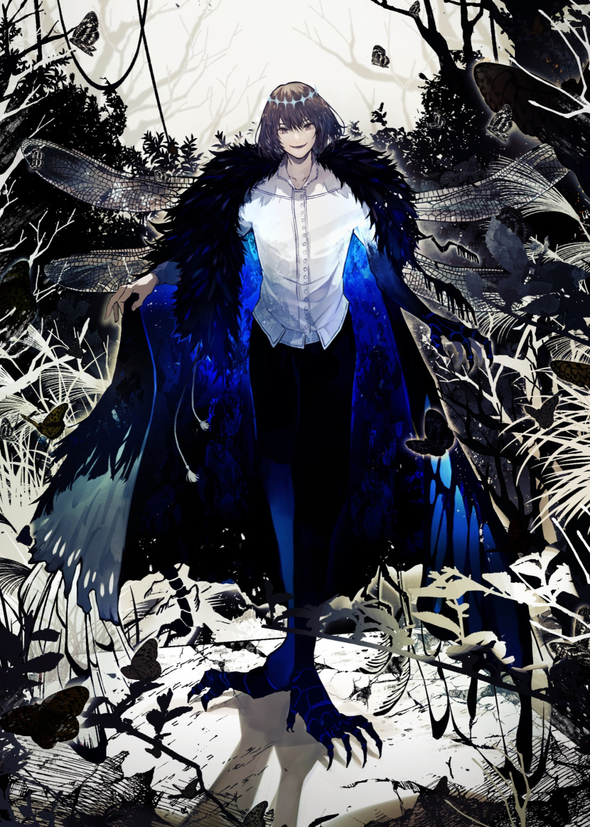 1boy arthropod_boy bangs black_hair black_pants bug butterfly claws cloak collar collared_shirt commentary_request crown diamond_hairband fate/grand_order fate_(series) feather_boa forest frilled_collar frills full_body fur_trim grey_eyes grey_hair highres insect_wings light_particles long_sleeves looking_at_viewer male_focus medium_hair nature oberon_(fate) oberon_(third_ascension)_(fate) official_alternate_hair_color pants ryo_(piggerworld) shadow shirt solo tassel white_shirt wings