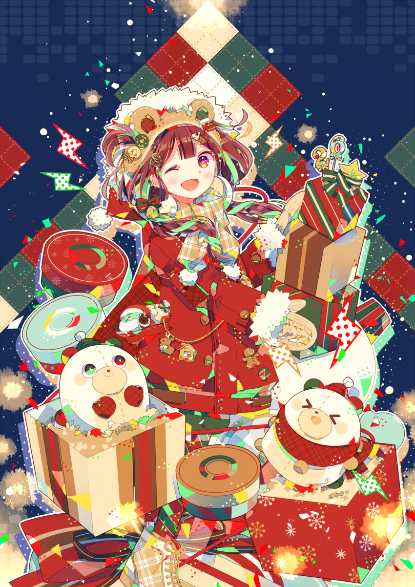 &gt;_&lt; 1girl animal_ears argyle argyle_background bangs bear_ears blue_background blue_eyes blunt_bangs box brown_hair brown_hairband buttons charm_(object) coat commentary cookie food fur fur-trimmed_mittens gift gift_box gingerbread_house gingerbread_man green_headwear green_ribbon hairband hat heterochromia hghrttm highres lightning_bolt_symbol looking_at_viewer mini_hat mini_santa_hat mittens multicolored_background multicolored_eyes numbered one_eye_closed open_mouth original plaid plaid_scarf polka_dot red_coat red_eyes red_headwear red_scarf ribbon santa_hat scarf shoelaces shoes smile snowflake_print snowing star-shaped_pupils star_(symbol) stuffed_animal stuffed_toy symbol-shaped_pupils two-tone_footwear two-tone_ribbon violet_eyes white_footwear white_ribbon winter_clothes wrapped yellow_eyes yellow_scarf