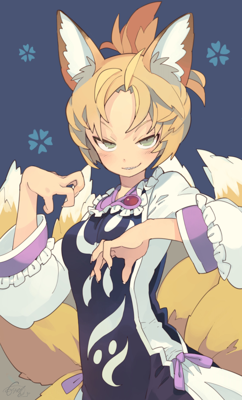 1girl ahoge alternate_eye_color alternate_hairstyle animal_ears blonde_hair blue_background blue_tabard blush breasts brooch cherry_blossom_print claw_pose commentary_request constricted_pupils dress fighting_stance fingernails floral_print forehead fox_ears fox_girl fox_tail frills green_eyes grin hair_up half-closed_eyes hands_up highres jewelry long_fingernails long_sleeves looking_at_viewer morino_hon multiple_tails naughty_face no_headwear ponytail puffy_long_sleeves puffy_sleeves purple_ribbon raised_eyebrow ribbon sharp_fingernails sharp_teeth short_hair signature simple_background sleeve_cuffs small_breasts smile smirk solo tabard tail teeth touhou upper_body white_dress yakumo_ran