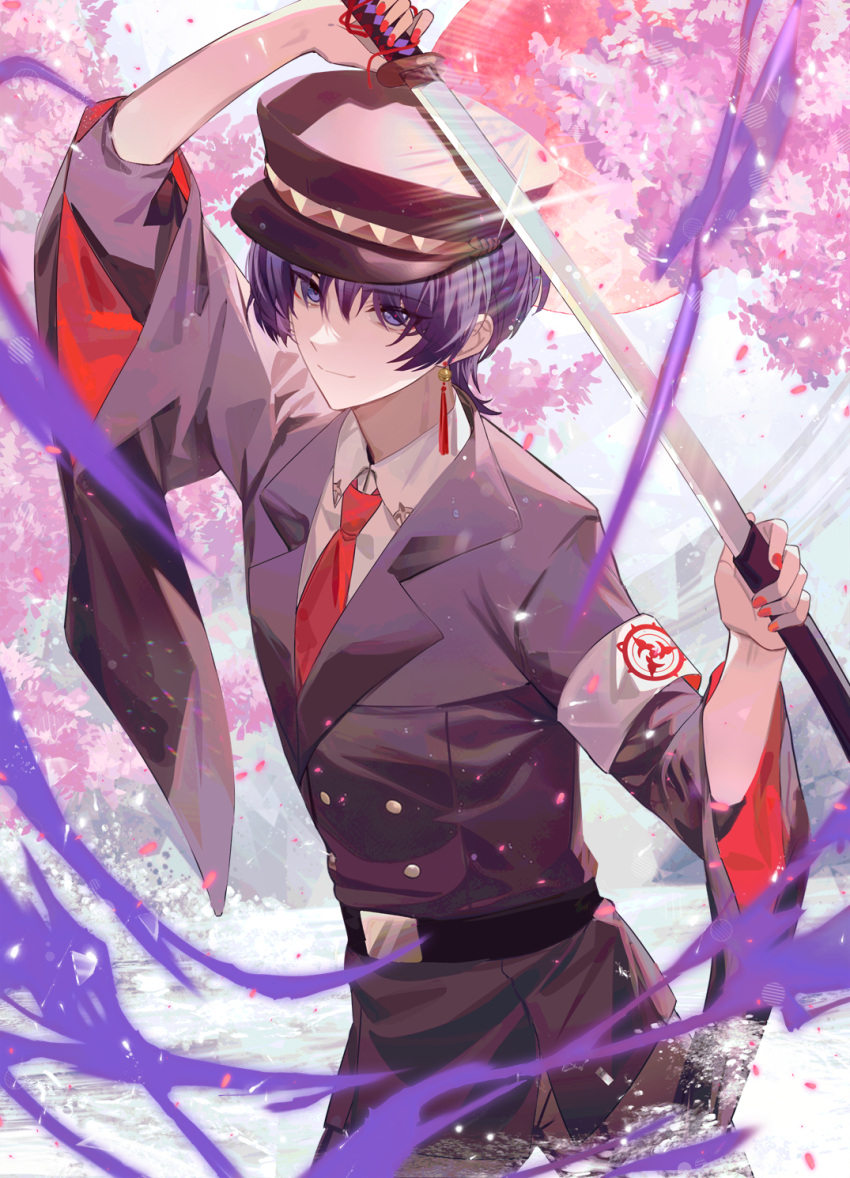 1boy 99479538 alternate_costume bishounen cherry_blossoms earrings genshin_impact hat highres holding holding_knife jewelry knife light_smile long_sleeves looking_at_viewer male_focus military military_hat military_uniform purple_hair red_nails scaramouche_(genshin_impact) smile solo string string_of_fate tassel tassel_earrings uniform wide_sleeves