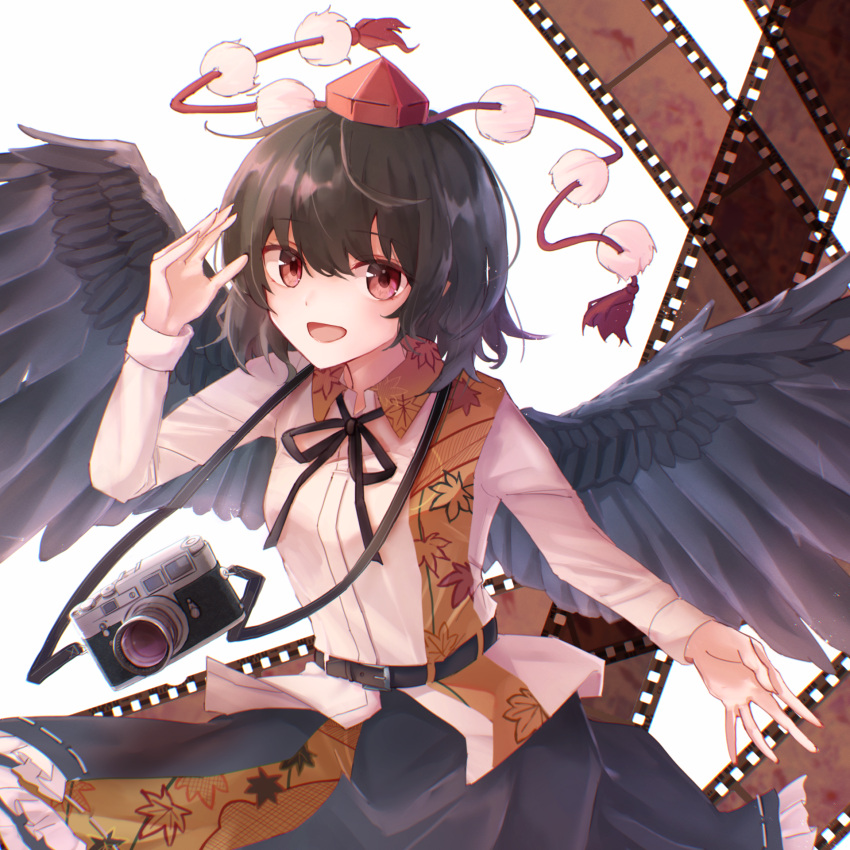 1girl :d belt belt_buckle bird_wings black_belt black_hair black_ribbon black_skirt black_wings blush buckle camera camera_around_neck collared_shirt commentary feathered_wings film_strip hair_between_eyes hand_up hat highres leaf_print long_sleeves looking_at_viewer maple_leaf_print open_mouth pom_pom_(clothes) red_eyes red_headwear ribbon shameimaru_aya shirt short_hair skirt sleeve_cuffs smile solo taguno tokin_hat touhou upper_body white_shirt wings