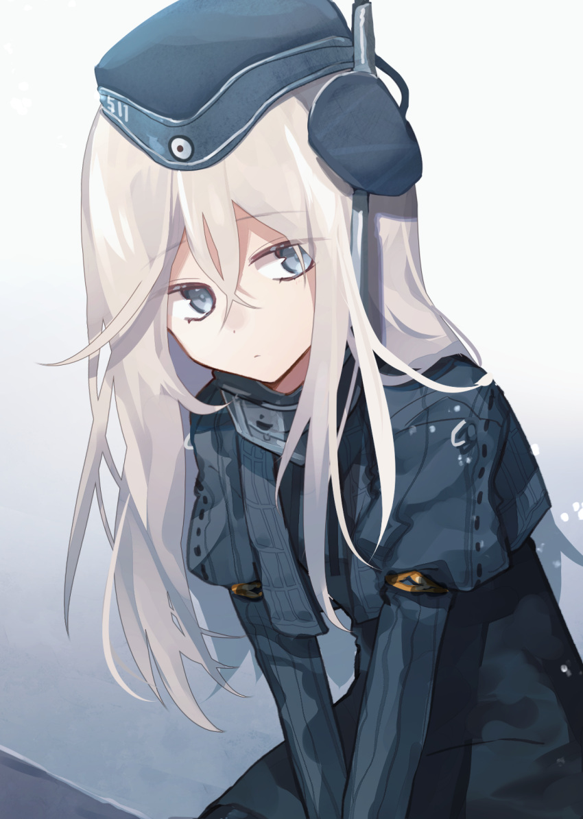 1girl black_dress blonde_hair closed_mouth commentary cropped_jacket dress elbow_gloves garrison_cap gloves grey_eyes grey_gloves grey_headwear grey_jacket hair_between_eyes hat highres jacket kantai_collection katsuobushi_(eba_games) long_hair solo u-511_(kancolle) upper_body