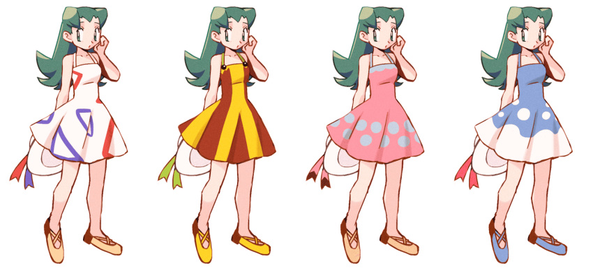 1girl alternate_costume blue_dress character_print closed_mouth collarbone commentary_request dress full_body green_eyes green_hair hand_up hat hat_removed headwear_removed holding hsngamess kris_(pokemon) long_hair multiple_views pink_dress pokemon pokemon_(game) pokemon_gsc shoes simple_background sleeveless sleeveless_dress standing white_background white_dress white_headwear