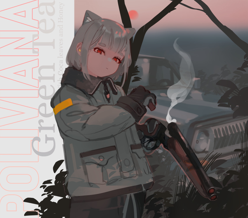 1girl absurdres animal_ears black_gloves black_pants bob_cut car cat_ears closed_mouth coat earplugs gloves grey_coat grey_hair ground_vehicle gun head_tilt highres looking_at_viewer medium_hair motor_vehicle original pants polilla red_eyes shotgun shotgun_shell smoke smoking_gun solo standing weapon