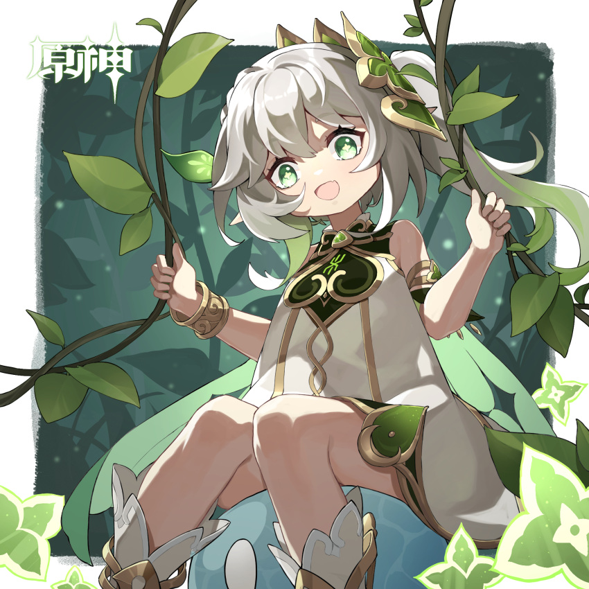 1girl :d bangs blurry bracelet cape commentary_request depth_of_field detached_sleeves dress forest genshin_impact gradient_hair green_eyes grey_hair hair_between_eyes hair_ornament highres holding jewelry ling_yu_(15974115107) long_hair looking_at_viewer multicolored_hair nahida_(genshin_impact) nature plant pointy_ears short_sleeves side_ponytail sidelocks sitting slime_(genshin_impact) smile stirrup_legwear symbol-shaped_pupils toeless_legwear vines white_dress
