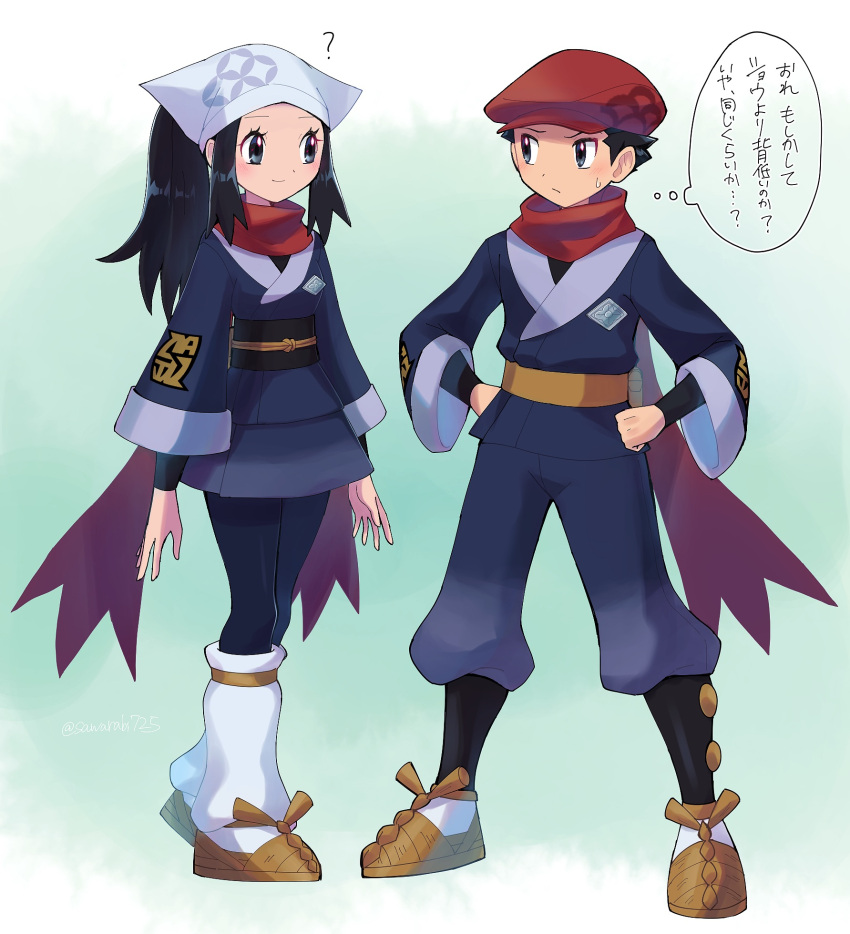 1boy 1girl ? akari_(pokemon) black_eyes black_hair black_pants blue_kimono closed_mouth crown eye_contact full_body hands_on_hips highres japanese_clothes kimono long_hair long_sleeves looking_at_another pants pokemon pokemon_(game) pokemon_legends:_arceus ponytail red_headwear red_scarf rei_(pokemon) sawarabi_(sawarabi725) scarf shiny shiny_hair short_hair smile standing sweatdrop thought_bubble white_headwear