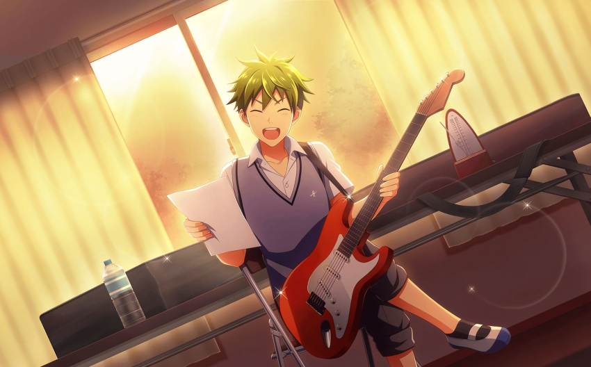 1boy akiyama_hayato black_socks bottle buttons closed_eyes curtains fingernails glint green_hair guitar hair_between_eyes highres holding holding_paper idolmaster idolmaster_side-m idolmaster_side-m_live_on_stage! instrument official_art open_mouth paper school_uniform shoes sitting smile socks sunlight sunset third-party_source water_bottle window