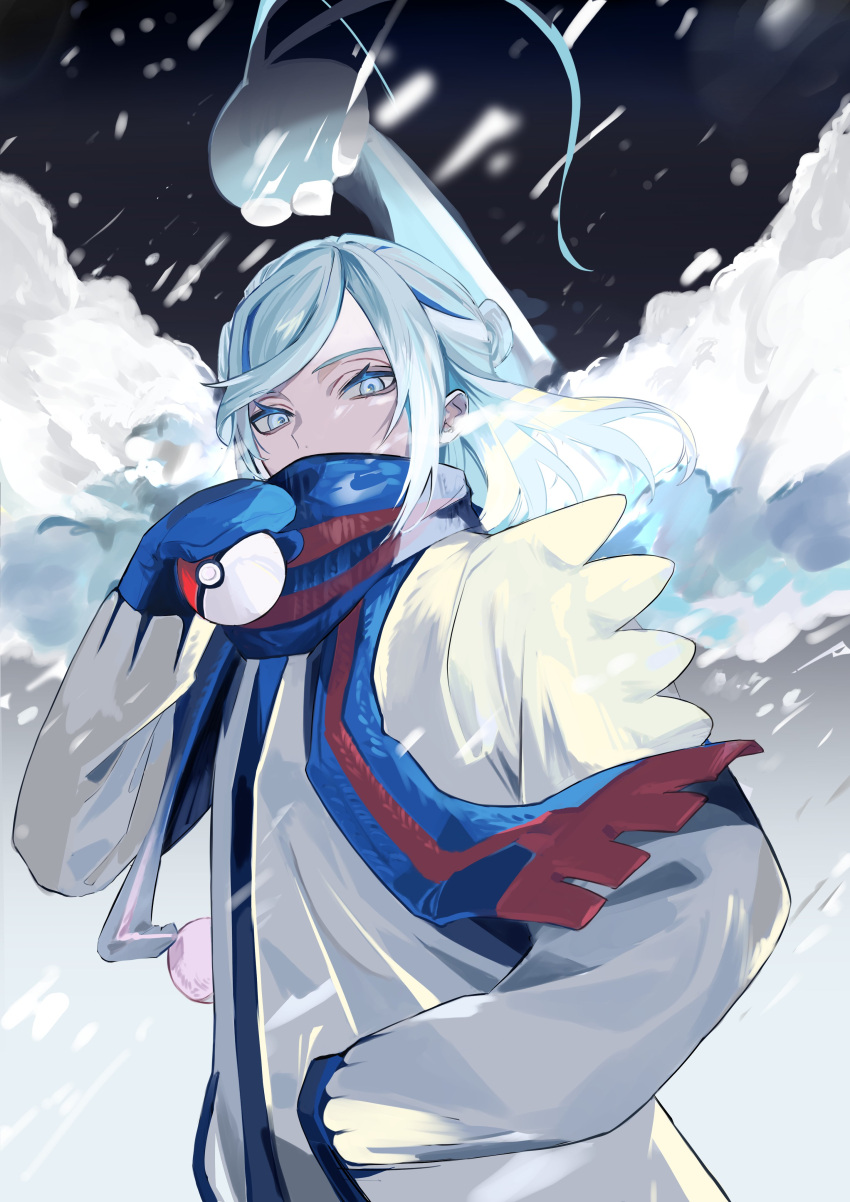 1boy absurdres altaria bangs blue_eyes blue_hair blue_mittens blue_scarf coat commentary covered_mouth eyelashes floating_hair grusha_(pokemon) hand_in_pocket hand_up highres holding holding_poke_ball kushiro_kuki long_sleeves looking_at_viewer male_focus medium_hair mittens multicolored_hair parted_bangs poke_ball poke_ball_(basic) pokemon pokemon_(creature) pokemon_(game) pokemon_sv red_scarf scarf scarf_over_mouth sidelocks snow snowing solo standing streaked_hair striped striped_scarf swept_bangs teeth two-tone_scarf upper_teeth white_coat