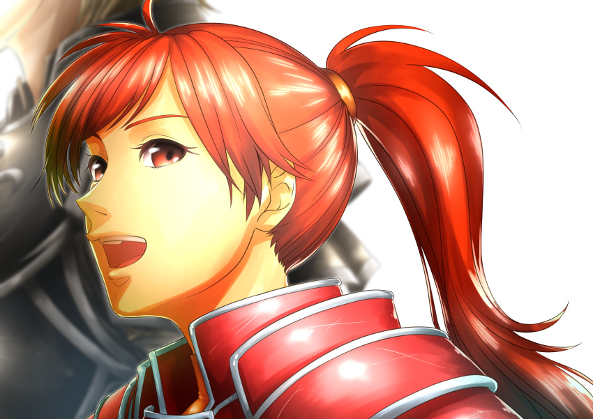 1boy 1girl :d absurdres aduti_momoyama armor black_armor eyelashes fire_emblem fire_emblem:_path_of_radiance fire_emblem:_radiant_dawn haar_(fire_emblem) highres jill_(fire_emblem) long_hair open_mouth ponytail red_armor red_eyes redhead simple_background smile solo_focus turtleneck upper_body white_background