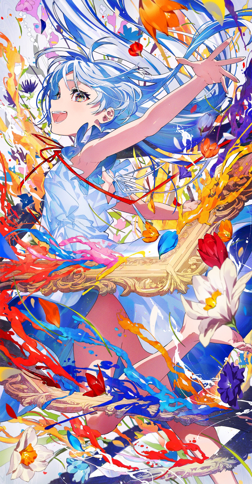 1girl :d absurdres barefoot blue_dress blue_eyes blue_flower blue_hair dress english_commentary flower full_body highres long_hair looking_at_viewer mika_pikazo open_mouth orange_flower original painting_(object) pink_flower red_flower sleeveless sleeveless_dress smile solo white_flower
