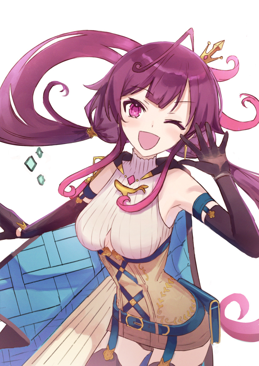 1girl absurdres atelier_(series) atelier_sophie atelier_sophie_2 blush breasts cape cowboy_shot crown gloves highres jewelry leotard long_hair looking_at_viewer low_twintails medium_breasts mini_crown one_eye_closed open_mouth ramizel_erlenmeyer simple_background smile solo standing thigh-highs twintails white_background yaminava