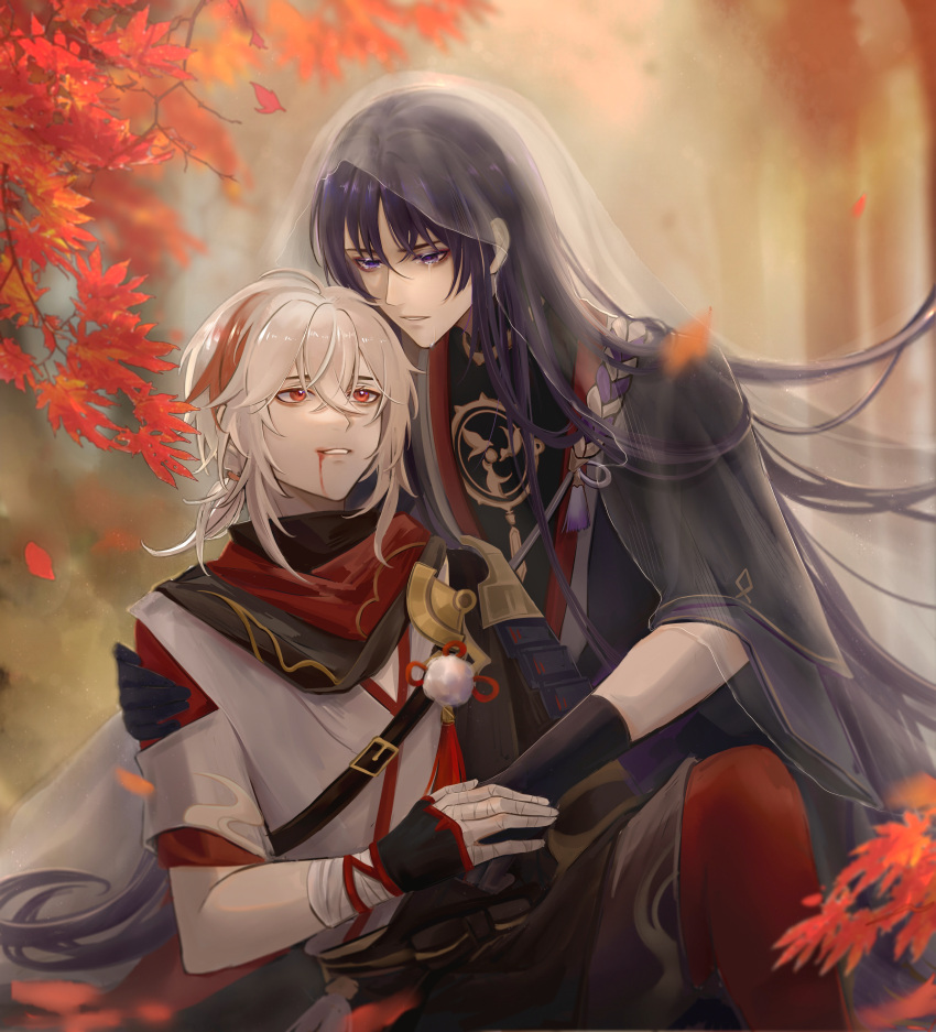 2boys absurdres antenna_hair autumn_leaves bandaged_hand bandages bangs black_gloves blood blood_from_mouth crying crying_with_eyes_open death falling_leaves fingerless_gloves genshin_impact gloves grey_hair hair_between_eyes highres japanese_clothes kaedehara_kazuha leaf male_focus maple_leaf mingyueyifeiqiu multicolored_hair multiple_boys open_mouth ponytail purple_hair red_eyes redhead sad scaramouche_(genshin_impact) short_sleeves streaked_hair streaming_tears tears transparent veil violet_eyes white_hair