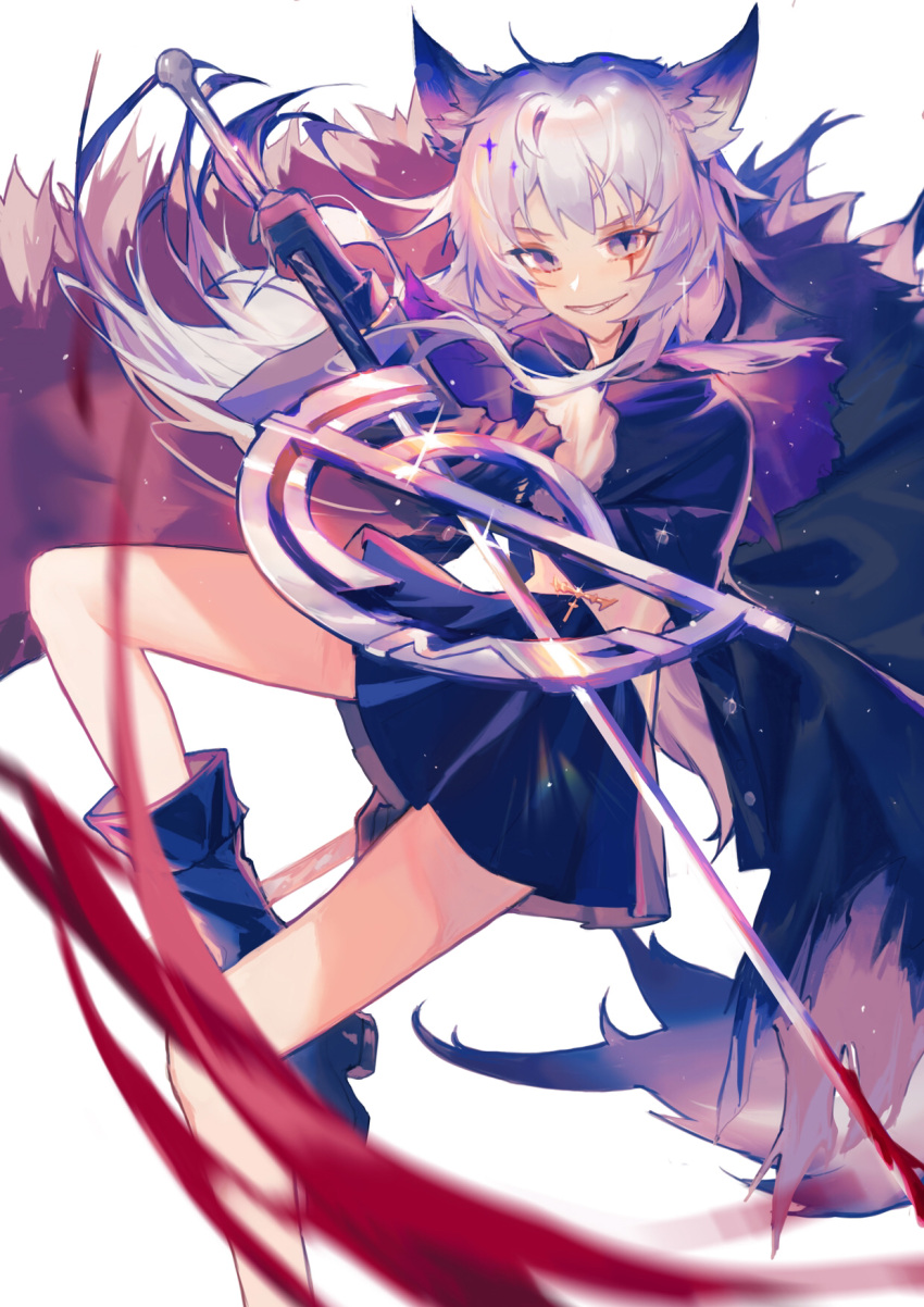 1girl animal_ear_fluff animal_ears arknights black_footwear black_gloves black_jacket black_skirt blood blush boots chinese_commentary commentary floating_hair foot_out_of_frame fur-trimmed_jacket fur_trim gloves grey_eyes grey_hair grin highres holding holding_sword holding_weapon jacket lappland_(arknights) lappland_(refined_horrormare)_(arknights) long_hair long_sleeves looking_at_viewer official_alternate_costume open_clothes open_jacket scar scar_across_eye skirt smile solo sword tail teeth weapon wolf_ears wolf_girl wolf_tail x_zhaohuan_x
