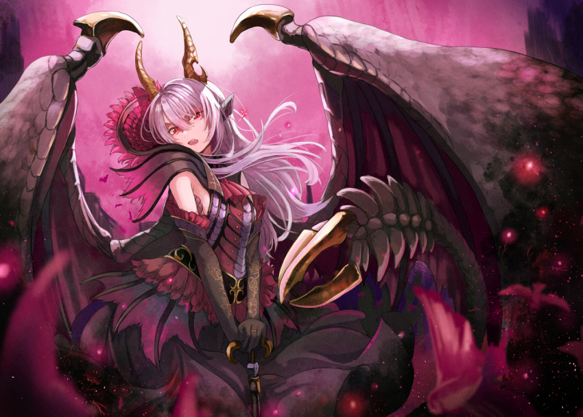159cm 1girl animal_ears dragon_girl dragon_horns dragon_tail dragon_wings dress holding horns long_hair looking_at_viewer malzeno_(monster_hunter) monster_girl monster_hunter_(series) open_mouth personification pink_hair red_eyes solo spread_wings tail wings