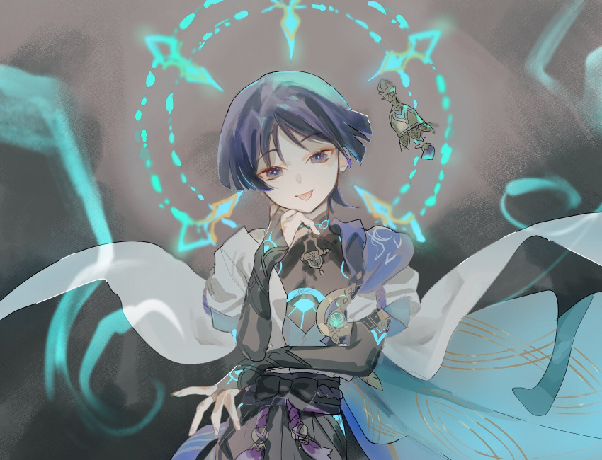 1boy bangs black_shirt blue_eyes blue_hair blunt_ends bridal_gauntlets cape eyeshadow genshin_impact grey_background grey_cape hand_on_own_chin highres looking_at_viewer makeup male_focus parted_bangs red_eyeshadow scaramouche_(genshin_impact) shirt short_hair solo talesofmea tongue tongue_out upper_body wanderer_(genshin_impact)