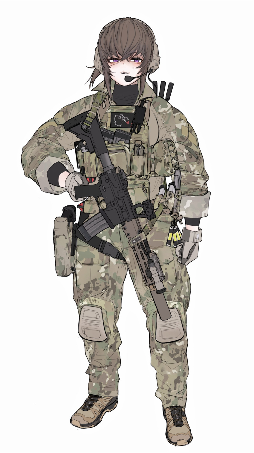 1girl absurdres alma01 ar-15 bangs boots brown_hair camouflage flashbang folding_knife gloves gun handgun headset heart highres knee_pads long_bangs looking_at_viewer military military_uniform open_collar optical_sight original rifle sleeves_rolled_up solo suppressor uniform violet_eyes weapon white_background